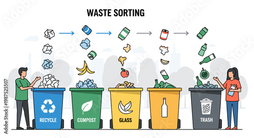 Illustration showing different bins for waste sorting: recycling, compost, glass, and trash, with people depositing items.