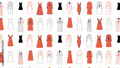Patterned Array of Stylish Dresses in Diverse Designs and Bold Colors Featuring Red, Black, and White Variations Creating a Fashionable Seamless Background