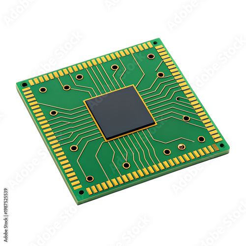 Circuit board icon, green with yellow lines and small black chips, Isolated on transparent background