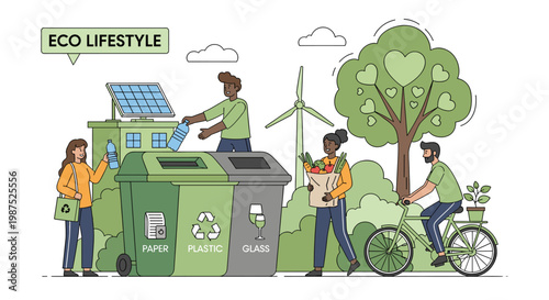 Diverse group of people actively participating in eco-friendly activities like recycling, cycling, and using renewable energy sources, promoting a sustainable lifestyle.