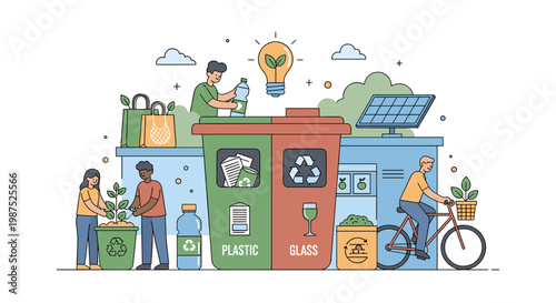 Illustration depicting people recycling plastic and glass, planting, and cycling, symbolizing environmental sustainability and eco-friendly living.
