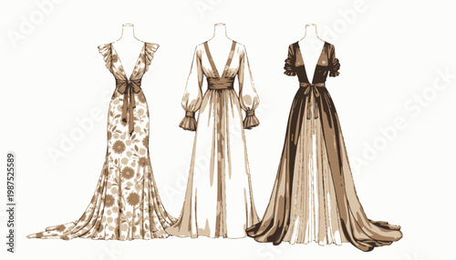 Elegant Long-Sleeved Fashion Dresses Featuring Floral Patterns and Flowing Designs with Sash Belts and Plunging Necklines for Chic Occasions