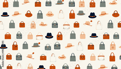Patterned Arrangement of Diverse Vintage Handbags and Stylish Hats in Various Colors on a Light Background