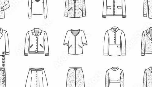 Seamless Outline Pattern of Various Fashionable Clothing Items for Stylish Women's Wardrobe Designs