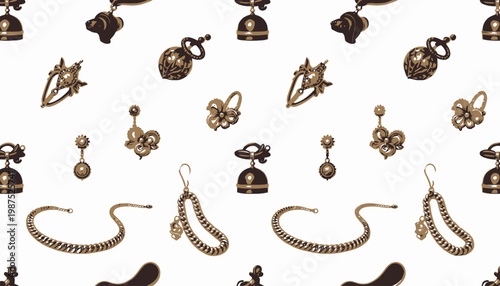 Aesthetic Vintage Jewelry Collection Featuring Gold Chains, Ornate Earrings, and Decorative Lockets on a Classic White Background
