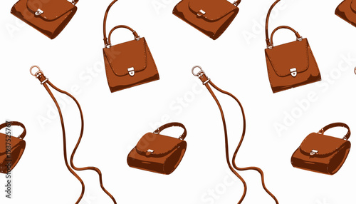 Seamlessly Patterned Brown Leather Bags and Handles Displayed Against a Minimalist White Background Creating a Modern and Stylish Design