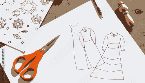 Sketch of elegant women's dresses with tailoring tools on wooden table, blending design inspiration for fashion creation