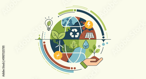 A detailed flat design illustration of a globe representing global sustainability, renewable energy, environmental protection, and ecological responsibility with various icons.