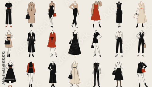 Fashionable Collection of Stylish Women's Outfits Displayed on Mannequins Showcasing Diverse Elegant Dress Designs and Chic Apparel Combinations