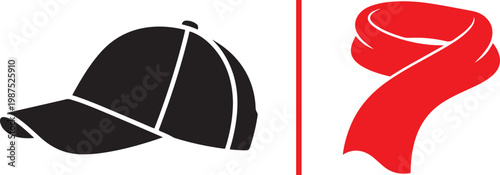 Black baseball cap and red scarf vector illustration icons for fashion and apparel branding
