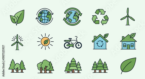 Illustrations representing sustainable living renewable energy and environmental protection