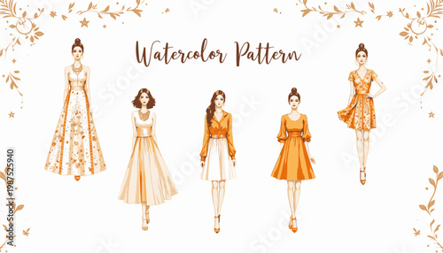 Elegant Collection of Fashionable Women in Seasonal Watercolor Dresses with Floral Prints and Vibrant Fall Colors Capturing Autumn Aesthetic