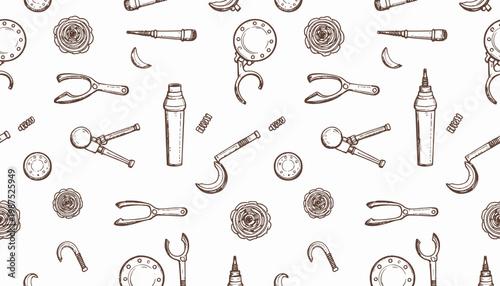 Seamless Vintage Barber Shop Pattern with Scissors, Razors, Combs, and Brushes in Monochrome Style for Barbershop Decor or Fashion Design
