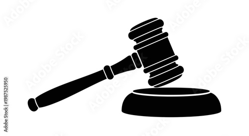 A black silhouette of a gavel resting on a sound block
