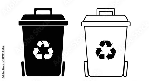 Two trash cans one black and one white with recycling symbols
