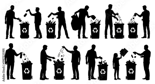 People disposing of waste into recycling and trash bins silhouette illustration