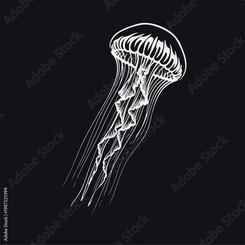 White Line Art Jellyfish Illustration on Black Background, Minimalist Marine Life Vector