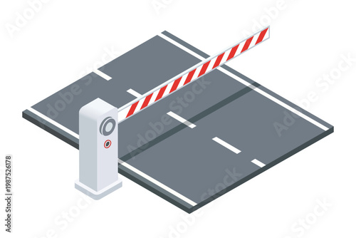 Automatic barrier gate crossing with red and white stripes on road for security and access control vector.