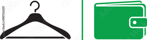 Flat design vector icons of a black clothes hanger and a green wallet representing fashion retail budget and shopping expenses