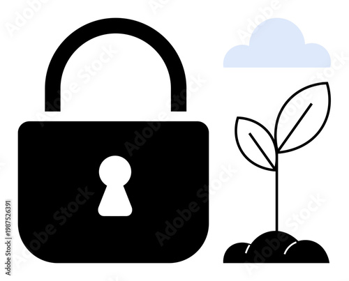Data protection, sustainability, environmental reliability, growth safety, eco-security, cloud storage. Black lock, sprouting seedling blue cloud. Data protection and sustainability