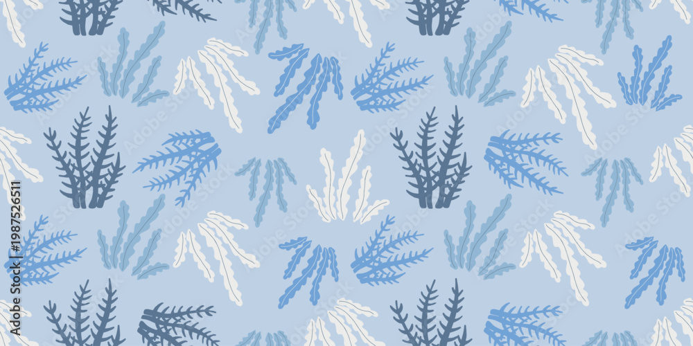 Fototapeta premium Seamless marine pattern with seaweed and coral silhouettes in blue tones. Minimal applique style design perfect for textile, wallpaper and summer decor.