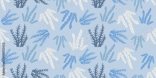 Seamless marine pattern with seaweed and coral silhouettes in blue tones. Minimal applique style design perfect for textile, wallpaper and summer decor.