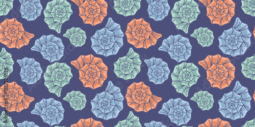 Seamless pattern with colorful nautilus shells and spiral forms on dark purple background. Ideal for textile, packaging and bold summer decor design.