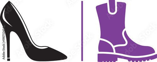 High heel stiletto shoe and work boot vector illustration representing fashion and utility footwear comparison