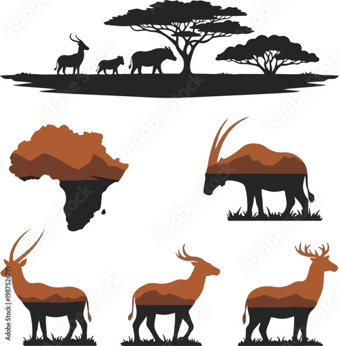 African Safari Wildlife Silhouette Set with Double Exposure Landscape and Continent Map