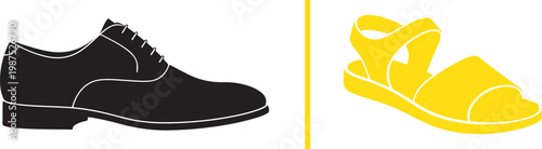 Formal black dress shoe and casual yellow sandal vector illustration representing seasonal footwear fashion and style comparison