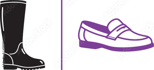 Vector illustration of a black tall boot and a purple loafer icon for footwear retail and fashion design