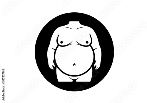 A very fine and thick line art black and white illustration of an obese patient torso in a silhouette circle overweight hypertension osteoarthritis