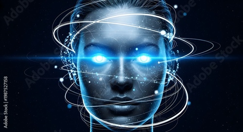 Futuristic robotic face with glowing blue eyes and digital circuits