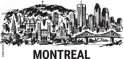 Montreal skyline with Canada landmarks and Jacques Cartier Bridge hand drawn vector sketch
