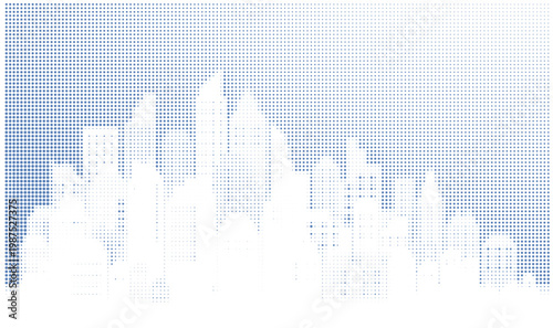 Halftone style cityscape silhouette with a plane flying in front of a large sun at sunset