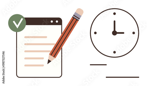 Time management, task planning, productivity tools, organization, goal tracking, efficient work. A checklist with a pencil and clock. Time management and task planning imagery