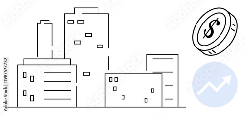 Economic growth, real estate development, financial planning, urbanization, investment strategies, business profitability. City buildings, rising graph dollar coin. Real estate and economic growth