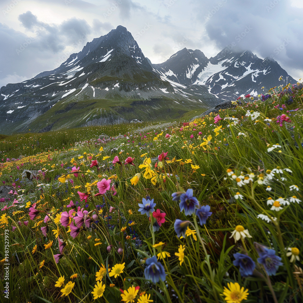 Obraz premium Mountain Landscape Covered with Colorful Wildflowers in Bloom