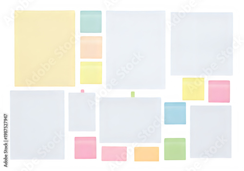 A collection of colorful sticky notes and blank paper sheets in various sizes and shapes isolated on transparent background, png