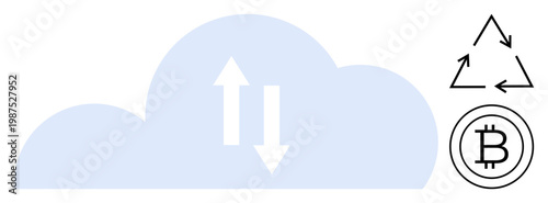 Cloud computing, data exchange, cryptocurrency, sustainability, eco-friendly tech, blockchain. Image features a cloud with arrows, Bitcoin and recycling symbols. Cloud computing and cryptocurrency
