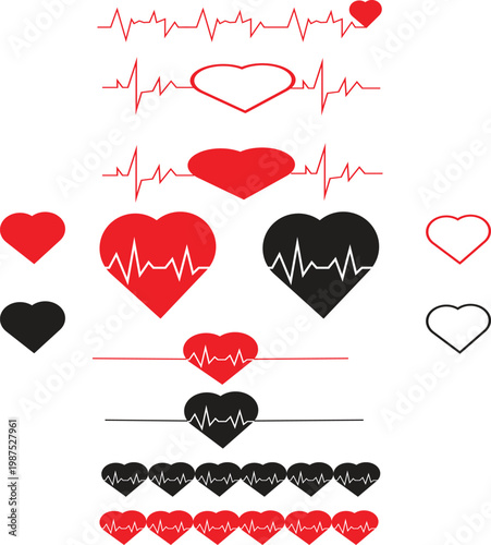 Heartbeat ECG Pulse Line Icon Set Collection Group Heart Rate Monitor Cardiogram EKG Wave Medical Cardiac Signal Red Black Outline Vector Illustration Pack Bundle Design