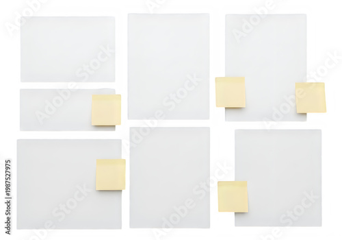 Collection of blank white sheets of paper and small yellow adhesive sticky notes for messages isolated on transparent background, png