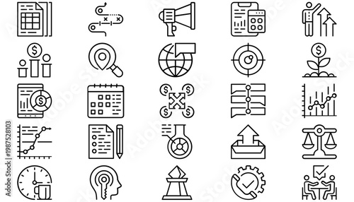 25 Black Vector Icon Set Collection Bundle: Business Finance Strategy Data Analysis Marketing Communication Growth Planning Education Science Legal and Management Minimalist Symbols for Web Design.