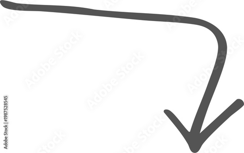 Hand drawn black curved arrow pointing to the right isolated on transparent background, Black curved arrow pointing right with slight upward arc on white background, isolated design element vector.
