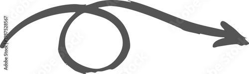 Hand drawn black curved arrow pointing to the right isolated on transparent background, Black curved arrow pointing right with slight upward arc on white background, isolated design element vector.