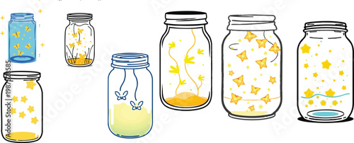 Vector icon of a floating jar with glowing fireflies in outline style, minimal thin line design showing a glass jar filled with light insects, centered on a white background, magical night and fantasy