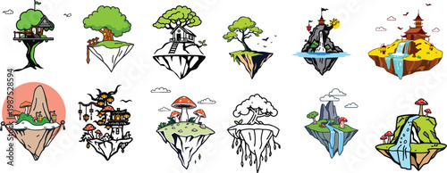 Vector icon of a floating island treehouse in outline style, minimal thin line design showing a small treehouse on a levitating island, centered on a white background, fantasy and adventure concept sy