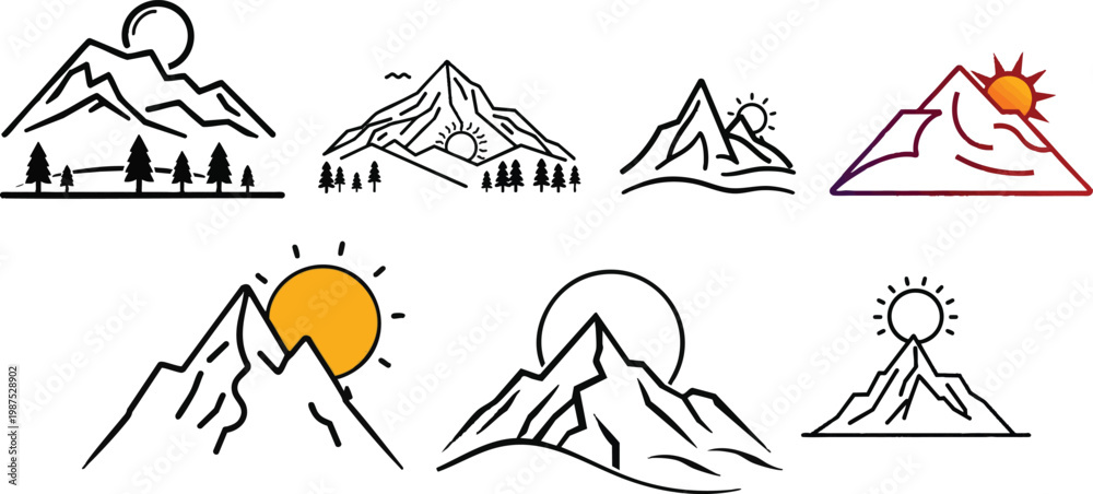 Fototapeta premium Vector icon of a gallery image in outline style, simple picture frame with mountain and sun symbol, minimal thin line design on a white background, photo gallery and media image concept, EPS format ve