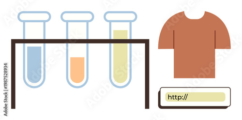 Science, fashion design, e-commerce, digital branding, chemical research, textile innovation. Test tubes, a shirt and a URL bar. Science and fashion design with digital and chemical concepts
