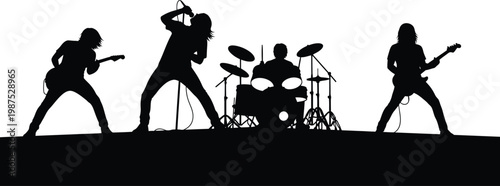 Silhouetted rock band performance energetic musicians on stage in dramatic lighting